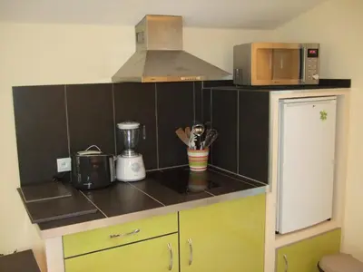 a kitchen with a counter with a blender and a refrigerator at Gite des Taillades in Les Taillades