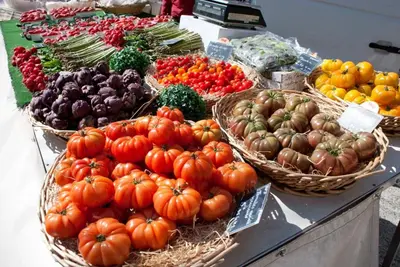 a display of fruits and vegetables on a table at Gite des Taillades in Les Taillades