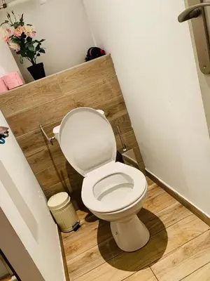 a white toilet in a bathroom with a wooden floor at Zola Studio fenêtre aveugle in Aix-en-Provence