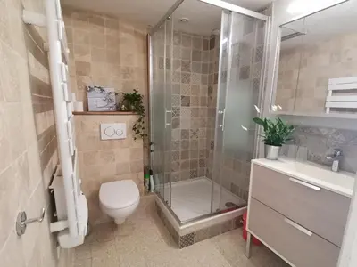 a bathroom with a shower and a toilet and a sink at Gîte en Provence ''Rose'' in Modène