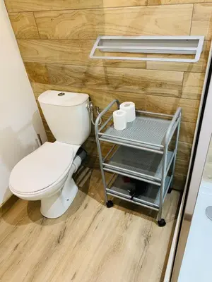 a bathroom with a toilet and a cart in it at Cassis Studio in Aix-en-Provence