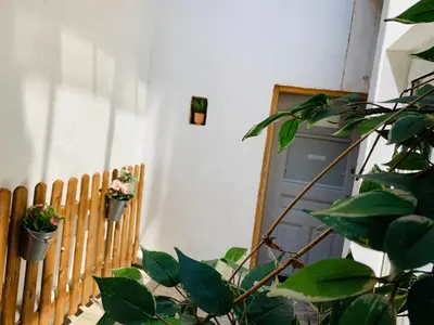 a porch with a fence and a door and a plant at Montclar Studio in Aix-en-Provence