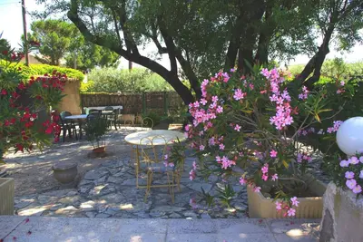 a patio with pink flowers and a table and chairs at Gite le Mas de l'Amandier in Saint-Saturnin-lès-Avignon
