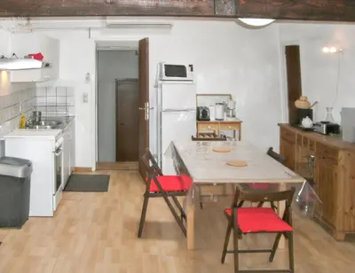 a kitchen with a table and chairs and a refrigerator at Maison charmante avec terrasse et jardin à Noves in Noves