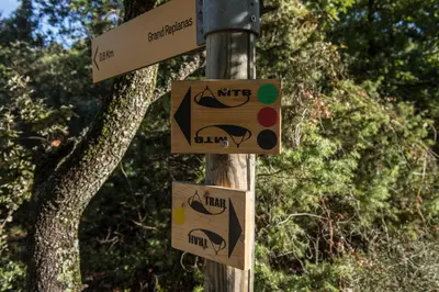 two signs on a pole with trees in the background at Chambres d'Hôtes de Curnier in Bédoin