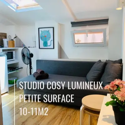 a living room with a couch and a table at COURONNE STUDIO in Aix-en-Provence