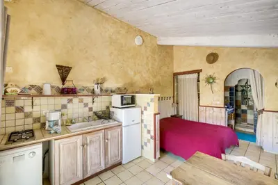 a kitchen with a sink and a counter top at Le Mas des Anges in Cheval-Blanc