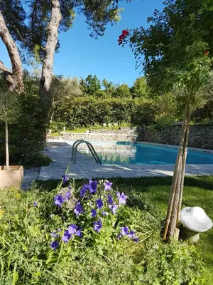 a garden with a swimming pool with purple flowers at Le Mas des Anges in Cheval-Blanc