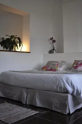 a bed in a bedroom with a plant on the wall at Le Mas de Plein Pagnier in Mazan