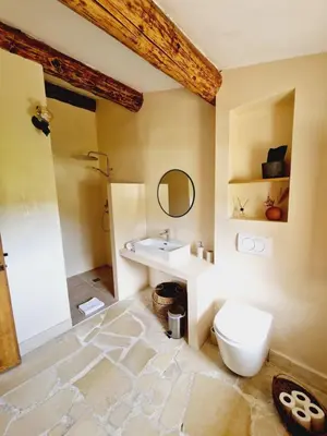 a bathroom with a sink and a toilet at Mas du Rollier Chambres d'hôtes in Eygalières