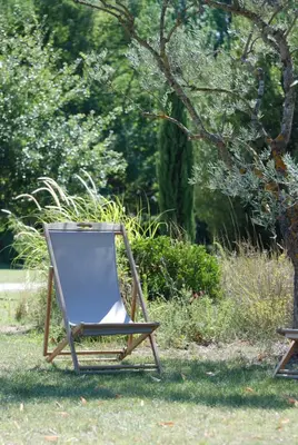 a chair sitting on the grass in a yard at Mas Boudeissoun - Grain de Muscat - Baignade à 600 m in Mormoiron