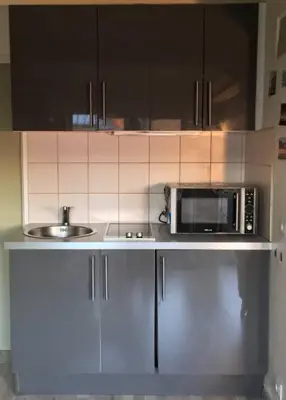 a small kitchen with a microwave and a sink at Appart Centre Mairie - Terrasse vue Ste Victoire in Aix-en-Provence