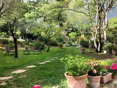 a garden with flowers in pots in the grass at B&B Villa Roumanille in Aix-en-Provence