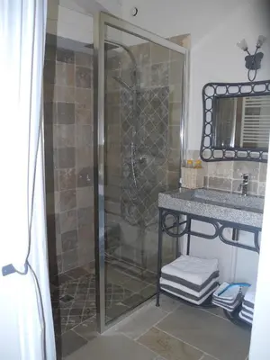 a bathroom with a shower with a sink and a mirror at OUSTAU DE PIERA in Gordes