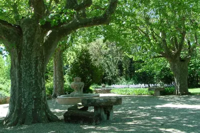 a statue sitting on a bench under a tree at Le Moulin Des Ocres in Apt