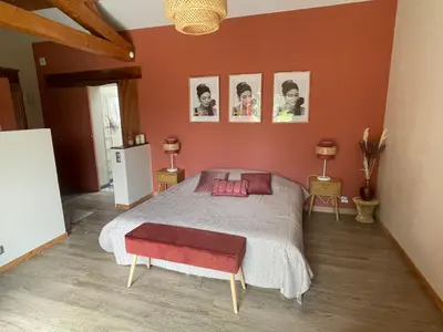 a bedroom with a large bed with a red wall at La Gourmandine in Saint-Andiol
