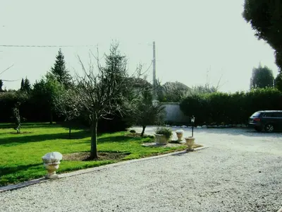 a driveway with a tree and a car in a yard at Gite La Gourmandine in Saint-Andiol