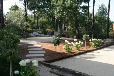 a garden with white flowers and stairs in a park at Les Oursillons in Roussillon