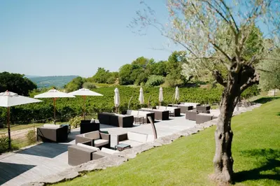 a row of tables with umbrellas and a tree at Coquillade Provence - Relais & Châteaux in Gargas
