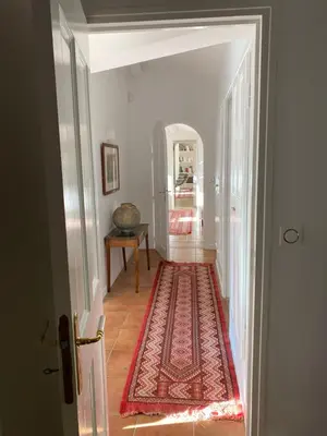 a hallway with a rug on the floor at Villa des Roses in Roussillon