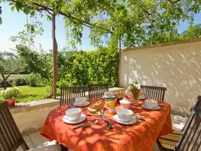 a table with a red table cloth on a patio at Holiday Home L'Olivier by Interhome in Lagnes