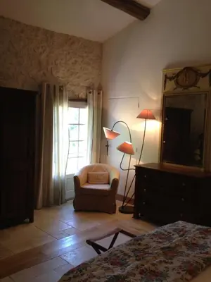 a bedroom with a bed and a chair and a mirror at Le Mas d'Hermès in Plan-dʼOrgon