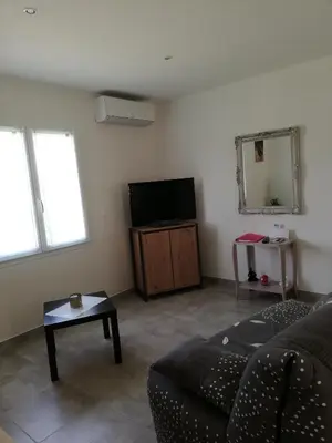 a living room with a couch and a flat screen tv at Sophie et Jamiel in Eyragues