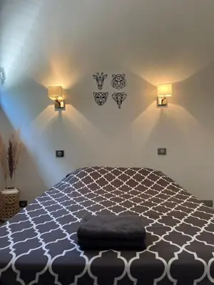 a bedroom with a bed with a black and white pattern at Villa en campagne avec piscine et jacuzzi in Aix-en-Provence