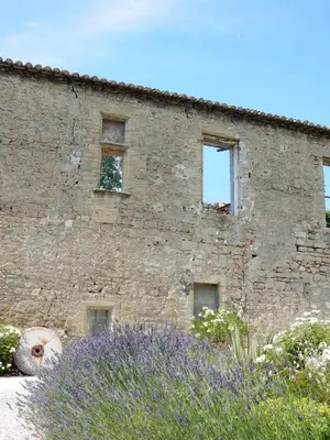 an old stone building with windows and purple flowers at Domaine de Blanche Fleur in Châteauneuf-de-Gadagne