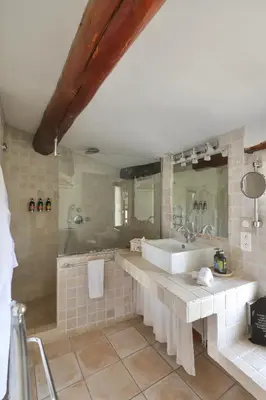 a bathroom with a large sink and a shower at LA FERME DE LA HUPPE in Gordes