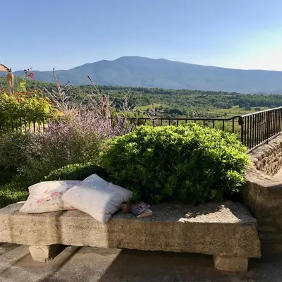 a bag sitting on a stone bench next to a bush at Maison Ventoux in Crillon-le-Brave