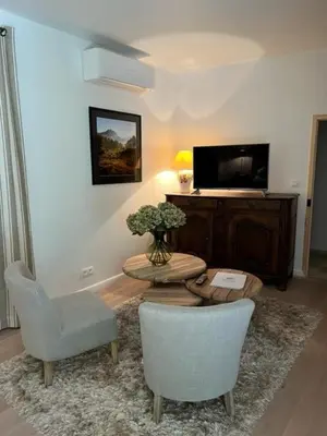 a living room with two chairs and a table and a tv at FOUR DE CONY in Saumane-de-Vaucluse
