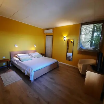 a bedroom with a bed and a couch and a television at les 3 saisons in Cucuron