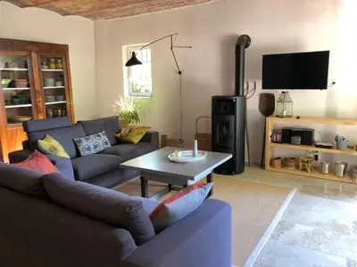 a living room with a couch and a stove at Le Provençal Duplex piscine jardin le Luberon in Puyvert