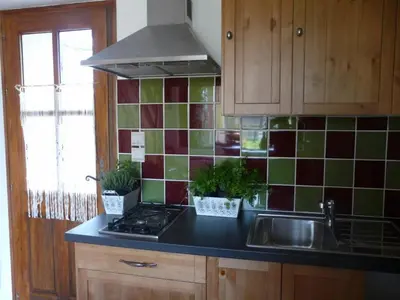a kitchen with a sink and a stove at Mas Le Pont des Aubes in LʼIsle-sur-la-Sorgue