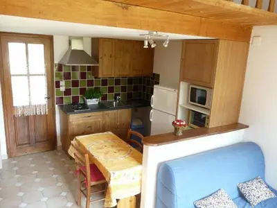 a small kitchen with a table and a refrigerator at Mas Le Pont des Aubes in LʼIsle-sur-la-Sorgue