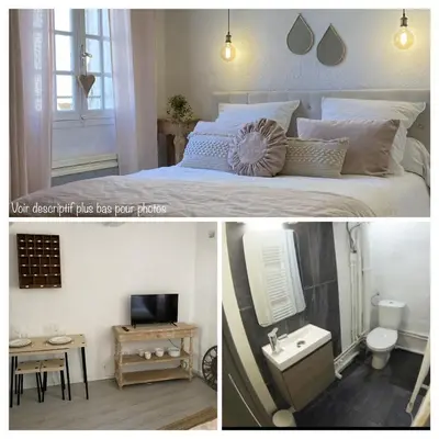 two pictures of a bedroom with a bed and a bathroom at L'Escapade Aixoise hyper centre historique studios free netfilx wifi romantics apartments historic center in Aix-en-Provence
