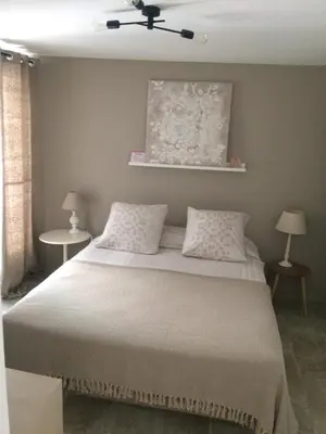 a bedroom with a large bed with a ceiling fan at Chez Adeline in Céreste