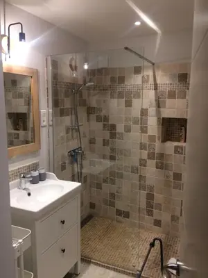 a bathroom with a shower and a sink at Chez Adeline in Céreste