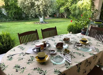a table with a plate of food on it at Domaine du Castel in Aix-en-Provence