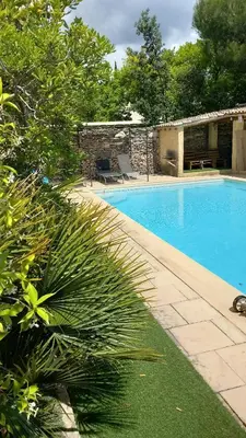 a large swimming pool in a yard with plants at Villa - La quiétude de St Antoine - piscine privée in LʼIsle-sur-la-Sorgue