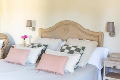 a bedroom with two beds with pink and white pillows at Le Mas Silvestre in Saint-Saturnin-les-Apt