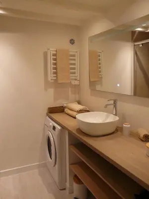 a bathroom with a sink and a washing machine at Bleu de l'Isle in LʼIsle-sur-la-Sorgue