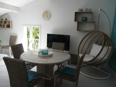 a dining room with a table and chairs and a television at Bleu de l'Isle in LʼIsle-sur-la-Sorgue