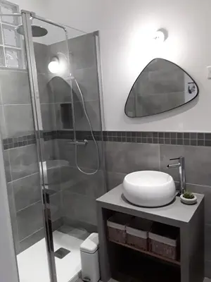 a bathroom with a shower with a sink and a mirror at Le Clos Marceau in Bédoin
