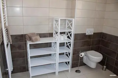 a bathroom with a toilet and white shelves at BASTIDE 9 in La Fare-les-Oliviers