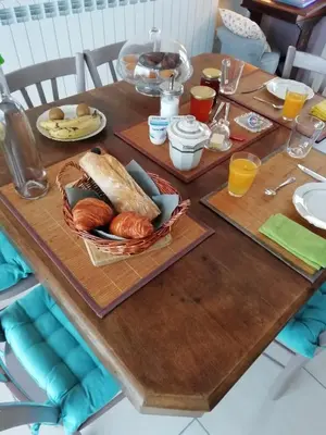 a table with bread and other breakfast foods on it at LA MAGUETTE in Sault-de-Vaucluse