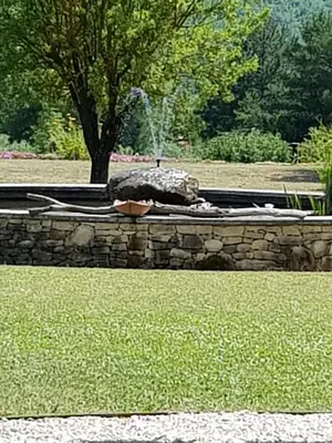 a stone wall with a fountain in a park at Les Néfliers chambre d'hôtes in Céreste