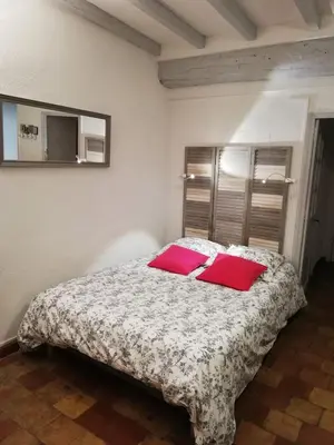 a bedroom with a large bed with red pillows at Studio ensoleillé, typique centre historique, wifi in Aix-en-Provence