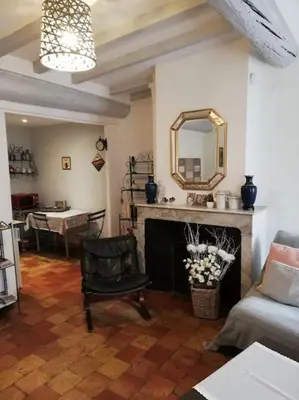 a living room with a fireplace and a mirror at Studio ensoleillé, typique centre historique, wifi in Aix-en-Provence